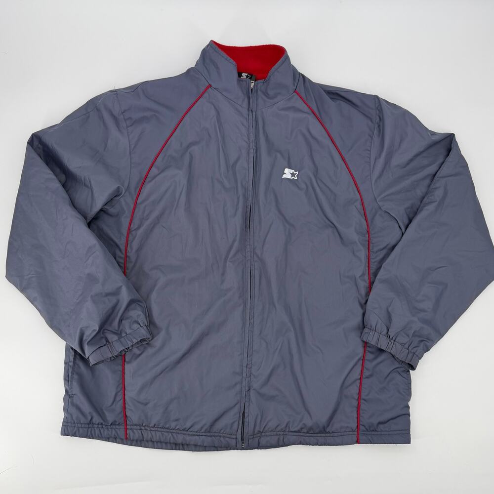 Starter Jacket Mens L Gray Red Fleece Lined Full Zip Athletic Windbreaker